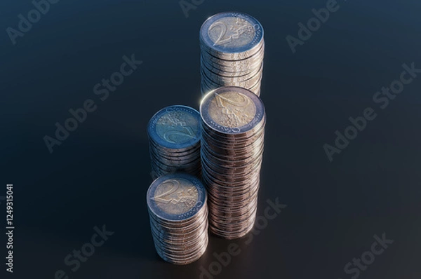 Fototapeta Close up of pile of two euro coins. 3d rendering illustration