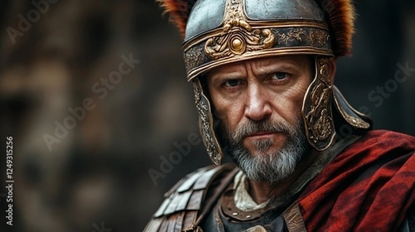 Fototapeta A Brave Hero Wearing a Shiny Helmet and Flowing Red Cape Stands Confidently Against a Dramatic Background Evoking a Sense of Adventure and Courage in a Vibrant and Inspiring Scene