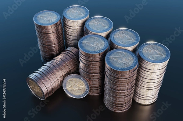 Fototapeta Close up of pile of two euro coins. 3d rendering illustration