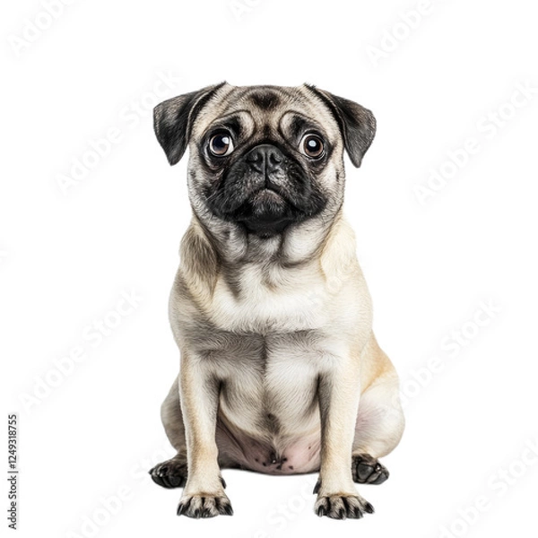 Fototapeta Adorable Pug Puppy Sitting Against White Background