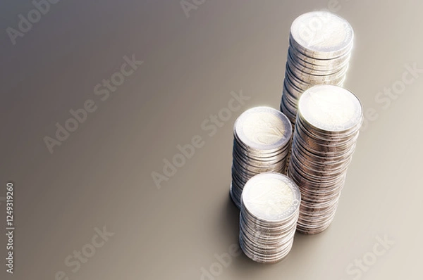 Fototapeta Close up of pile of two euro coins. 3d rendering illustration