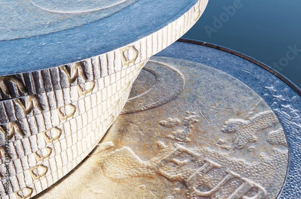 Fototapeta Close up of pile of two euro coins. 3d rendering illustration