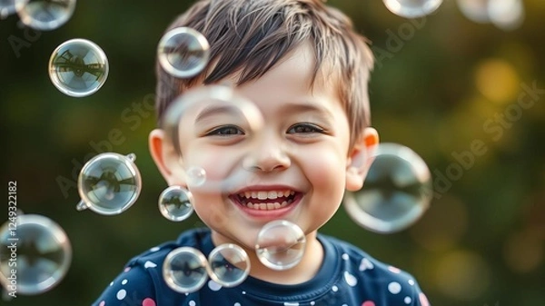 Fototapeta Young child, aged three, smiling with glee as he plays with a large cluster of foam bubbles in an outdoor setting, fun, happiness, enjoyment