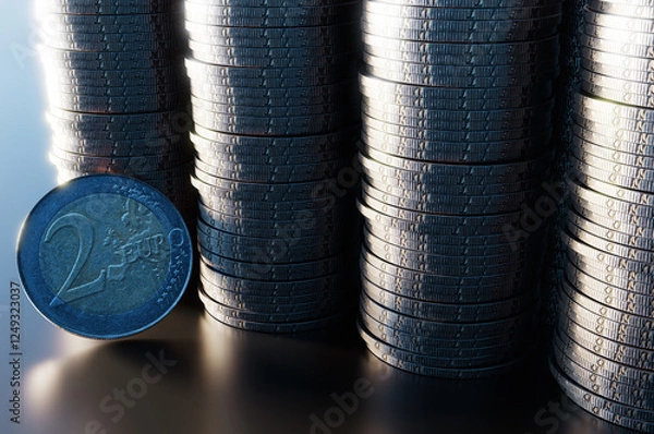 Fototapeta Close up of pile of two euro coins. 3d rendering illustration