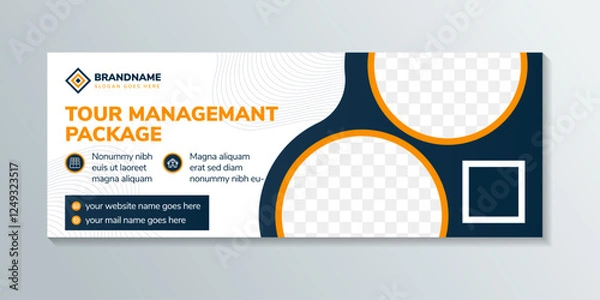 Obraz Banner template design for promotion of travel and tour company. example of headline is tour management package. horizontal layout with space for photo. blue and orange on element. space for photo 