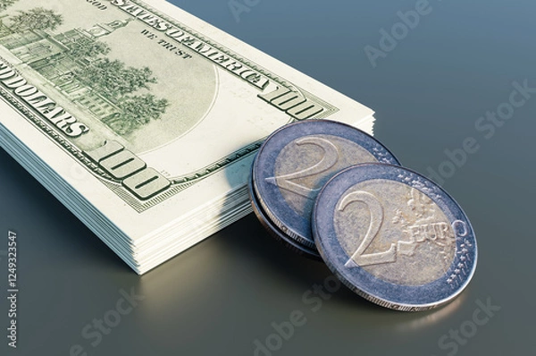 Fototapeta Close up of two euro coins on a US hundred dollar bill. 3d rendering illustration