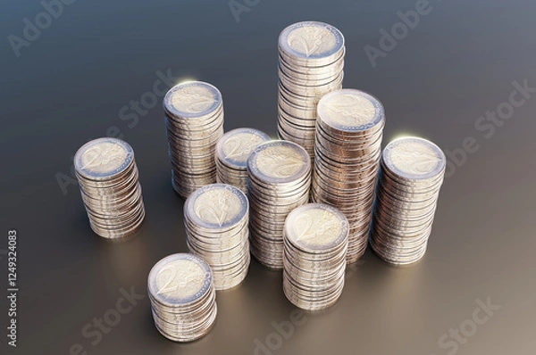 Fototapeta Close up of pile of two euro coins. 3d rendering illustration
