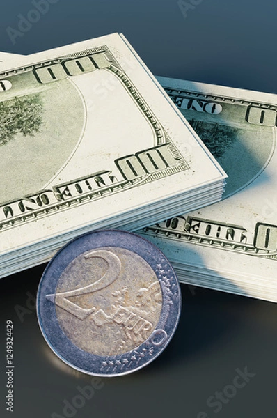 Fototapeta Close up of two euro coins on a US hundred dollar bill. 3d rendering illustration