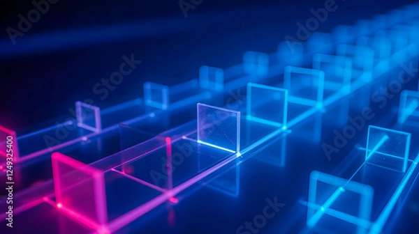 Fototapeta Abstract geometric shapes glowing in vibrant pink and blue hues, representing modern technology and digital aesthetics in a futuristic setting