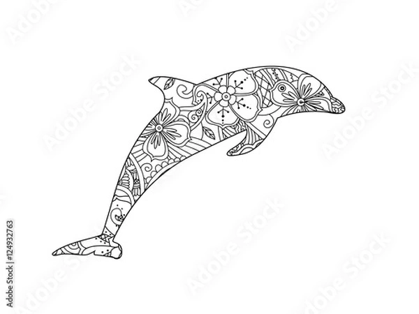 Obraz Coloring page with dolphin isolated on white background.