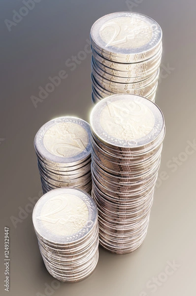 Fototapeta Close up of pile of two euro coins. 3d rendering illustration