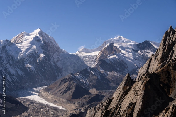 Fototapeta Manaslu Circuit, Nepal: Landscape of the Chinese Tibet border, the Rui La pass, near Samdo in the Himalayas in Nepal with the Panbari Himal in the background