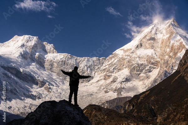 Fototapeta Trekker in front of Manaslu peak in Nepal