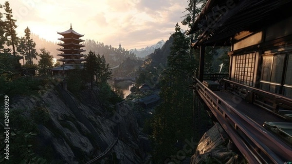 Fototapeta Serene landscape featuring a traditional pagoda near a river, surrounded by lush greenery and mountains
