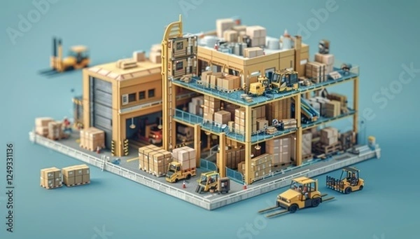 Fototapeta A Miniature Warehouse with Forklifts and Boxes