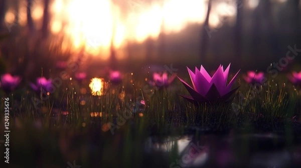 Fototapeta Serene water lily blooms in a tranquil pond at sunset, surrounded by soft glowing light
