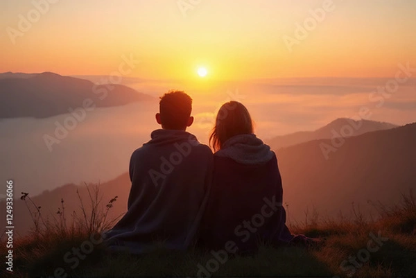Fototapeta Silhouette of a loving couple embracing at sunset in the mountains