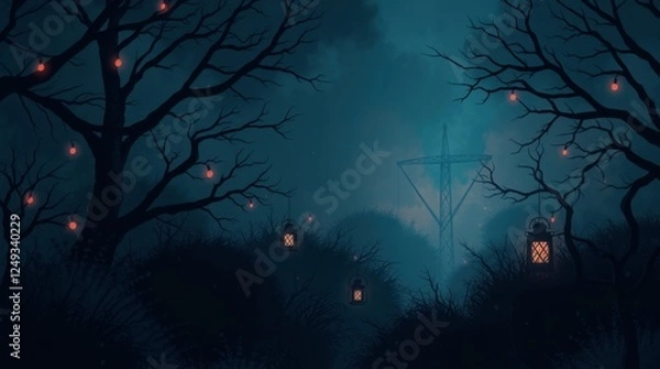 Fototapeta Eerie Night Forest Scene with Lanterns and Distant Transmission Tower