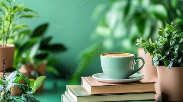 Fototapeta cozy coffee break with books and plants