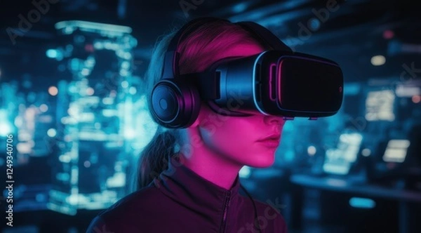Obraz A woman experiencing virtual reality in a neon-lit setting.
