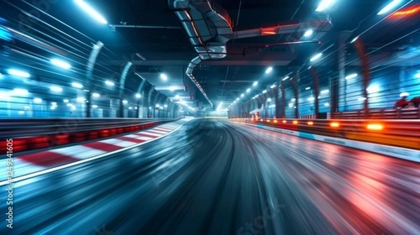 Fototapeta Bright lights illuminate the indoor racetrack as cars speed around the bend in a thrilling nighttime racing event, capturing the excitement of motorsport fans nearby in a modern facility.