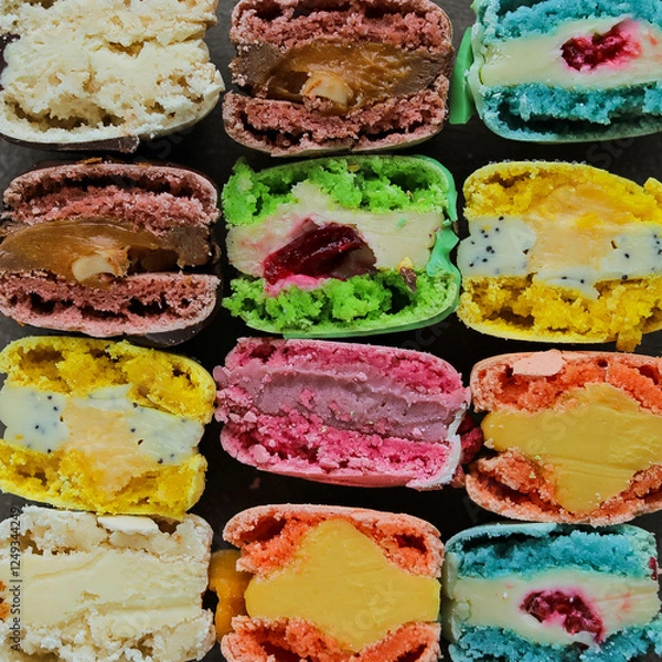 Fototapeta A variety of different macarons. A variety of colors and flavors of French almond dessert