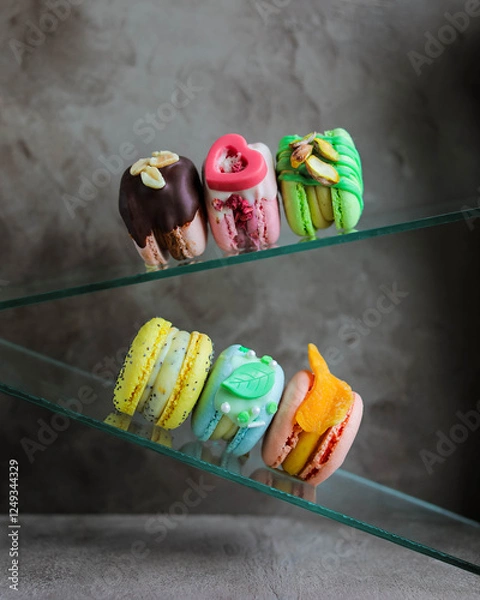 Fototapeta A variety of different macarons. A variety of colors and flavors of French almond dessert