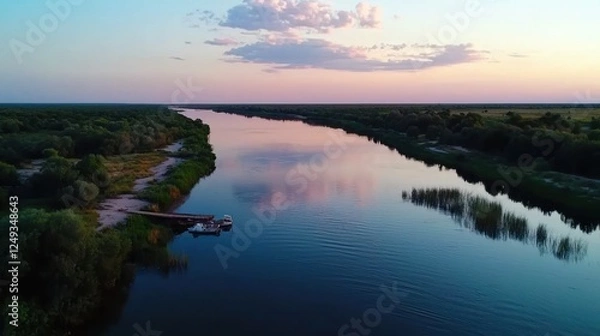 Obraz Serene sunset over a tranquil river with lush greenery and reflections in the water