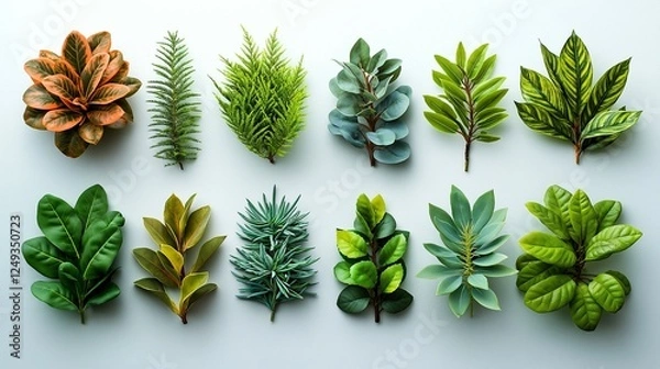 Fototapeta Flat lay of wildplants in a row on a white background. Botany, Spring concept.