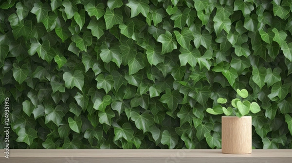 Fototapeta Lush green leaves create vibrant backdrop, complemented by wooden planter with small plant, enhancing natural ambiance