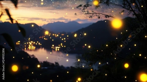 Fototapeta Serene twilight landscape with glowing fireflies illuminating a tranquil lake and distant hills