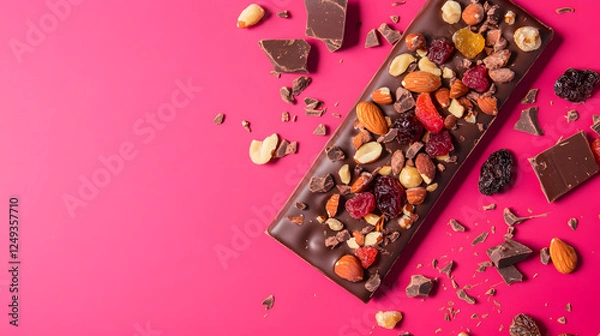 Fototapeta Chocolate with nuts and dried fruits on a pink background, a flat lay top view with copy space for a text banner design