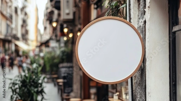Fototapeta Close-up of a blank, white, circular wooden sign hanging on the wall, a mockup template for a cafe or restaurant in a city street
