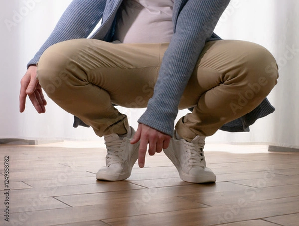 Obraz Young guy dancer in motion in a pose. A man performs a modern dance in casual clothes.