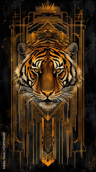 Fototapeta A striking tiger portrait with art deco elements, exuding strength and sophistication in a bold, stylized composition.