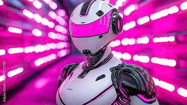 Fototapeta Futuristic Robot in Neon Light Corridor with Pink Glow Effects