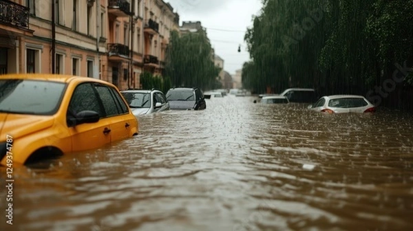Fototapeta Danger of Heavy Storm Concept, Heavy Rain Causes Street Flooding with Abandoned Cars in Urban Environment during Stormy Weather Conditions
