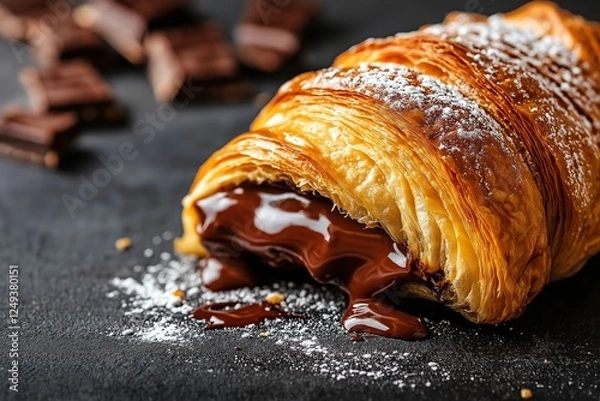 Fototapeta A delicious croissant filled with melted chocolate, perfect for savoring during your day. Pair it with quinoa salad with vegetables served in bowl for savory breakfasts.