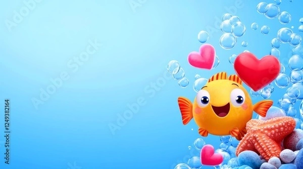 Fototapeta Cute Fish with Hearts in Underwater Scene - A cheerful cartoon fish surrounded by bubbles and hearts, with a starfish in a vibrant underwater setting.