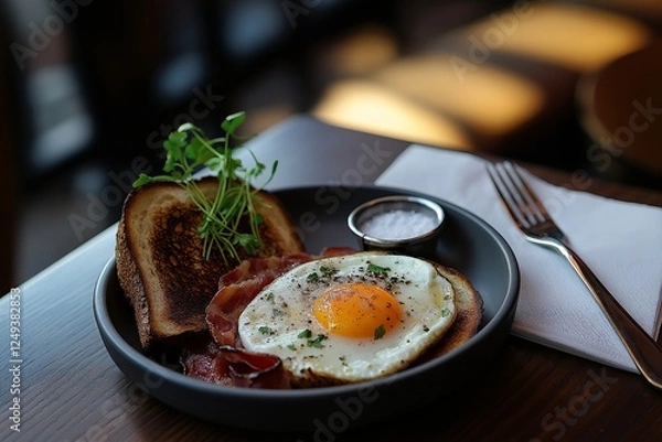 Fototapeta Indulge in a savory breakfast featuring a salad with poached egg and avocado on toast, complemented by crispy bacon and a touch of garnish.