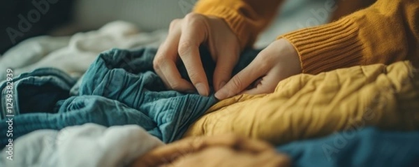 Fototapeta Hands folding colorful clothes neatly on a bed in warm lighting