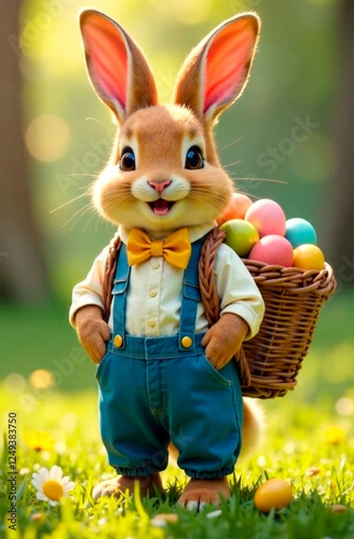 Fototapeta A bunny in a cinematic style in a shirt with a bow tie and a blue overalls stands in full growth against a blurred background of a forest. Postcard, banner, illustration for an article, book.