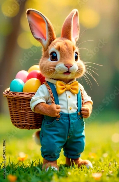 Fototapeta A bunny in a movie style in a clothes full-length, half-turned to the left, against a blurred background of the forest. Postcard, banner, illustrations for an article, book.