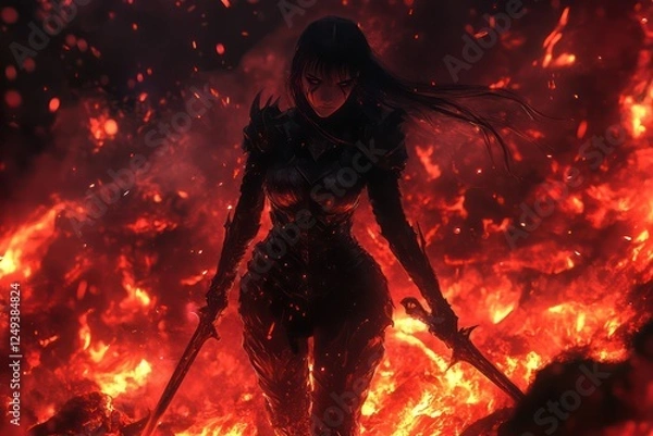 Obraz Armored warrior wielding swords stands amidst a fiery landscape