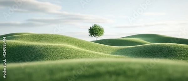 Fototapeta Serene meadow with rolling green hills and lone tree