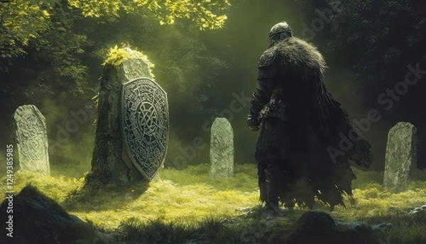 Obraz Armored viking stands in a graveyard with ancient stone markers