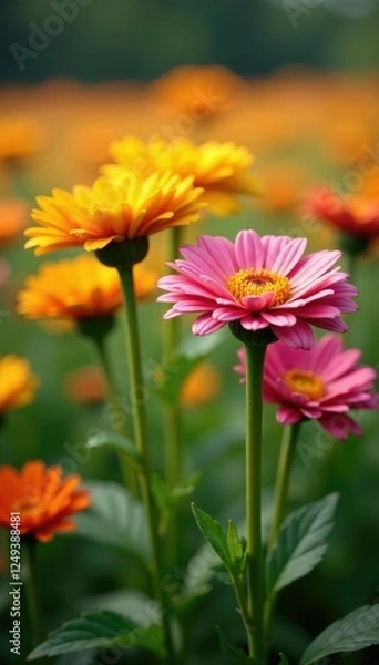 Fototapeta Unique chrysanthemum stems with long yellow and pink flowers, chrysanthemums, field flowers, nature