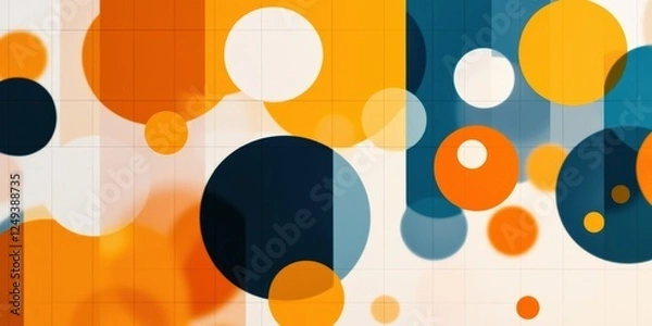 Fototapeta A vibrant abstract design featuring circles in various sizes and colors, including orange, blue, and white, creating a dynamic visual composition.