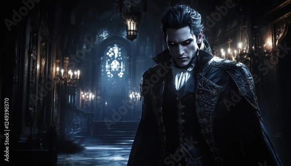 Obraz Handsome vampire stands ominously in a gothic castle hallway