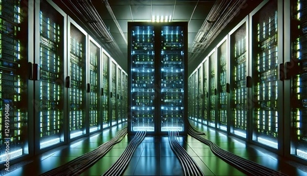 Obraz Futuristic Server Room with Glowing Blue and Green LED Lights